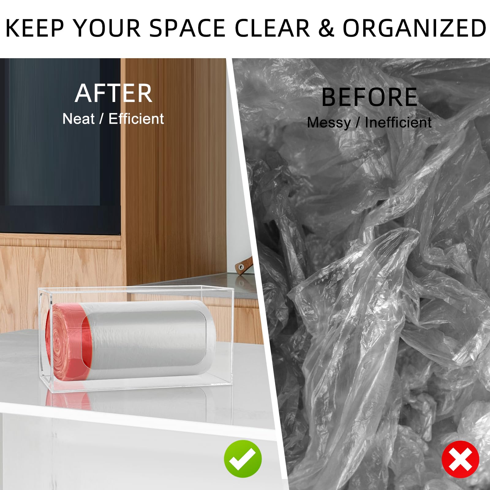 Dispensador de bolsas de basura, soporte acrílico para bolsas de basura, organizador de bolsas de plástico adhesivo montado en la pared, soporte de rollo de bolsas de basura para cocina