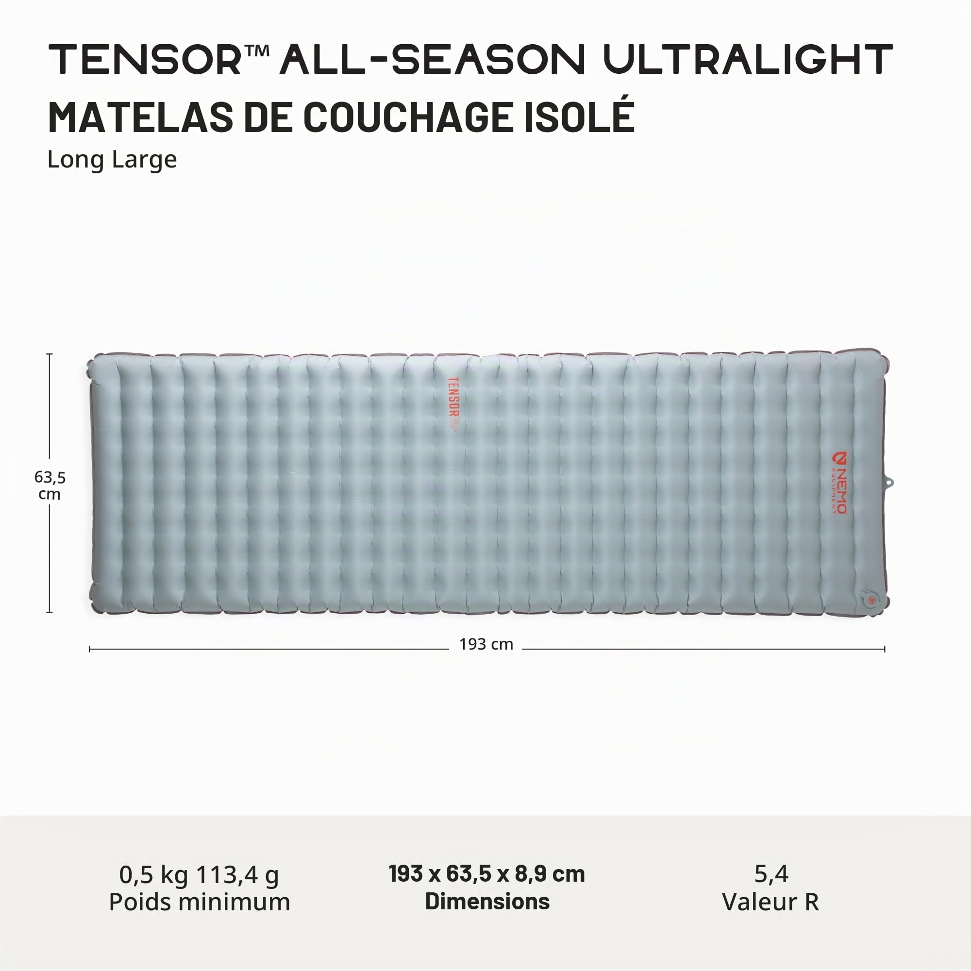 Nemo Equipment Tensor Matelas de Couchage isolé ultraléger Toutes Saisons – Long et Large (193 x 63,5 cm) – Lame/Orange épicé