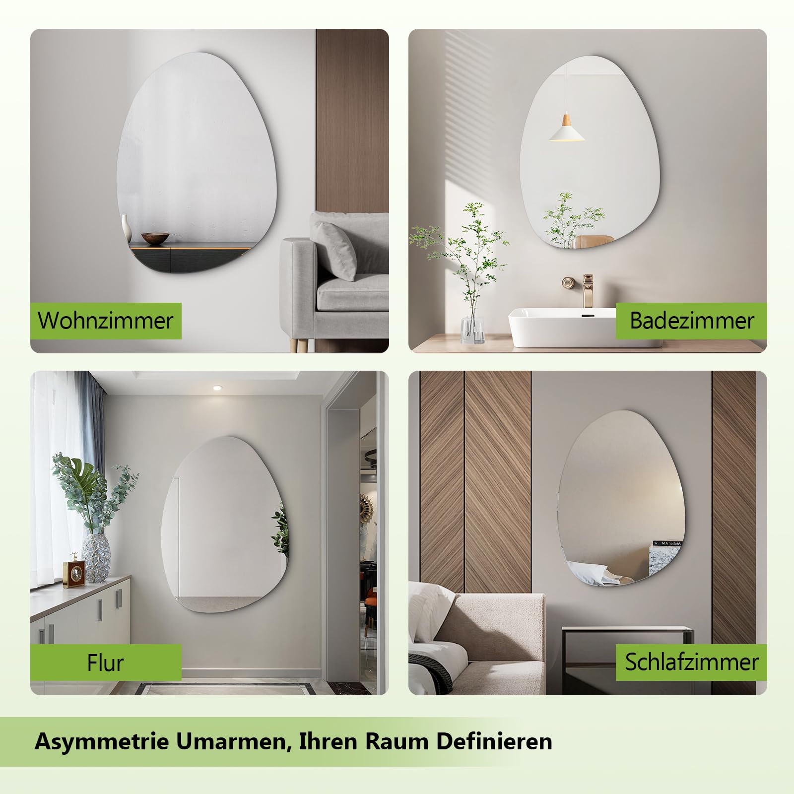 S'AFIELINA Asymmetrischer Spiegel 75x55 cm, Rahmenloser Wandspiegel | Organischer Spiegel für Badezimmer und Gäste-WC, Kupferfreies HD-Glas, Splitterschutz, Hoch- und Querformat montierbar