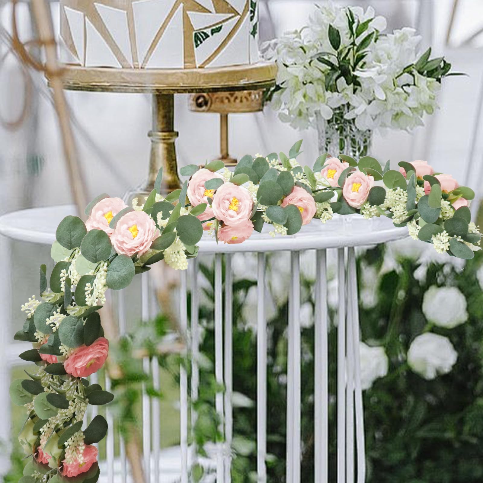 Der Rose 2Pcs Artificial Eucalyptus Flower Garland With Fake Rose Flower Vine Seeded Eucalyptus Leaves Greenery Garland Wedding Table Runner Backdrop Part - View #2