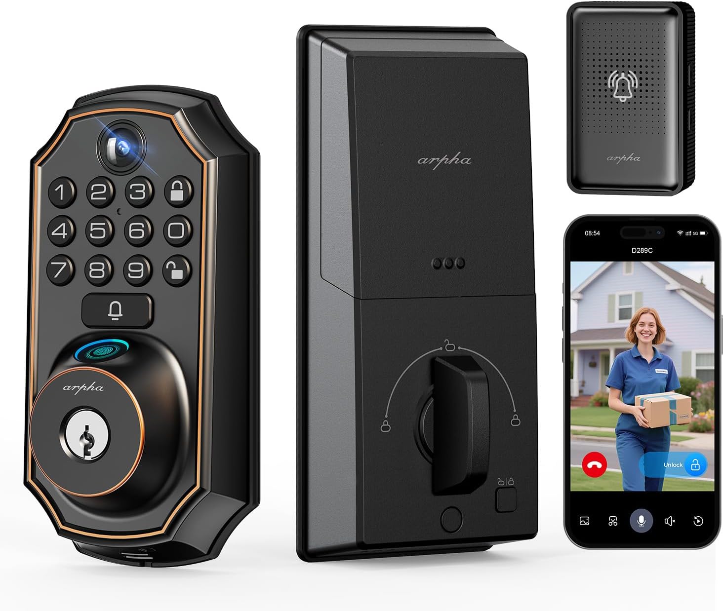 Keyless Entry Deadbolt – WiFi Video Smart Lock with Camera, 5-in-1 (Camera+Doorbell+Fingerprint+Keypad), App Control, Two-Way Audio, Waterproof, Easy Installation
