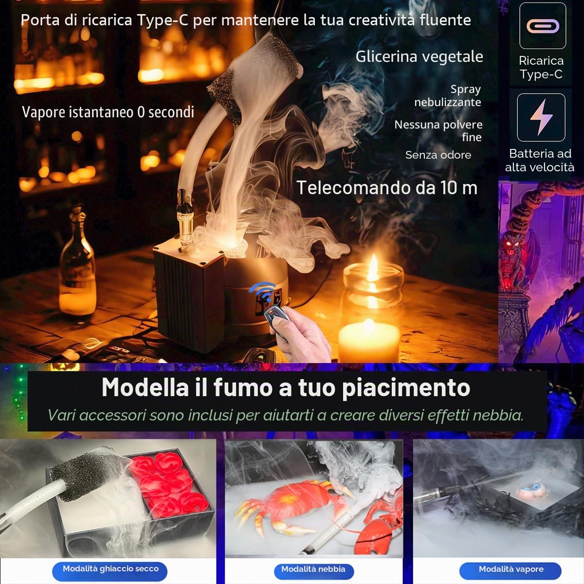 Mini macchina del fumo, macchina del fumo per eventi all'aperto, DJ feste, fotografia, effetti scenici interni, Halloween (rettangolare nero)
