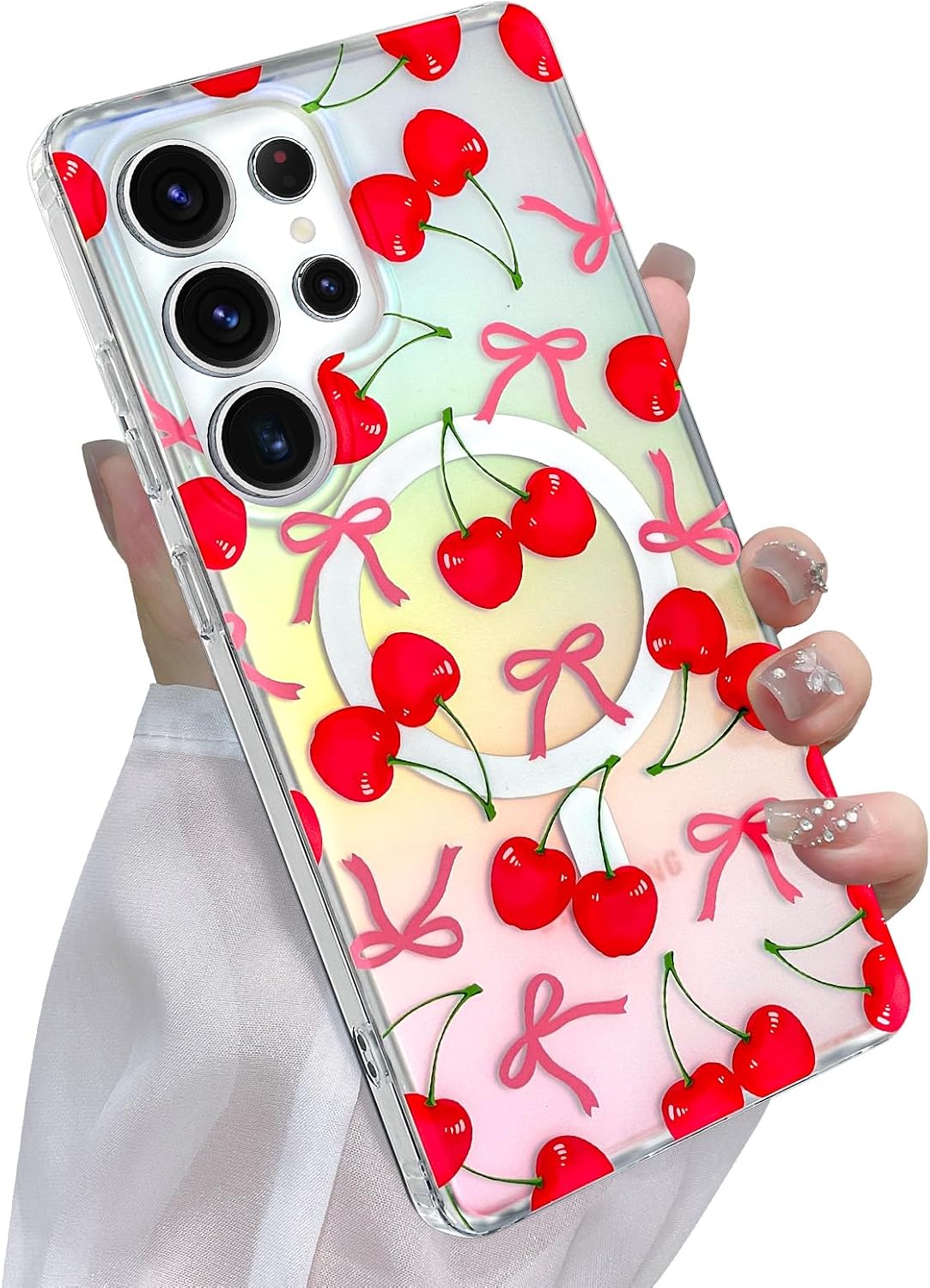 Magnetic Case for Samsung Galaxy S25 Ultra, Compatible with MagSafe, Cute Pink Flower Heart Bow Pattern for Women Girls, Aesthetic Glitter Iridescent Full Camera Protection TPU, White