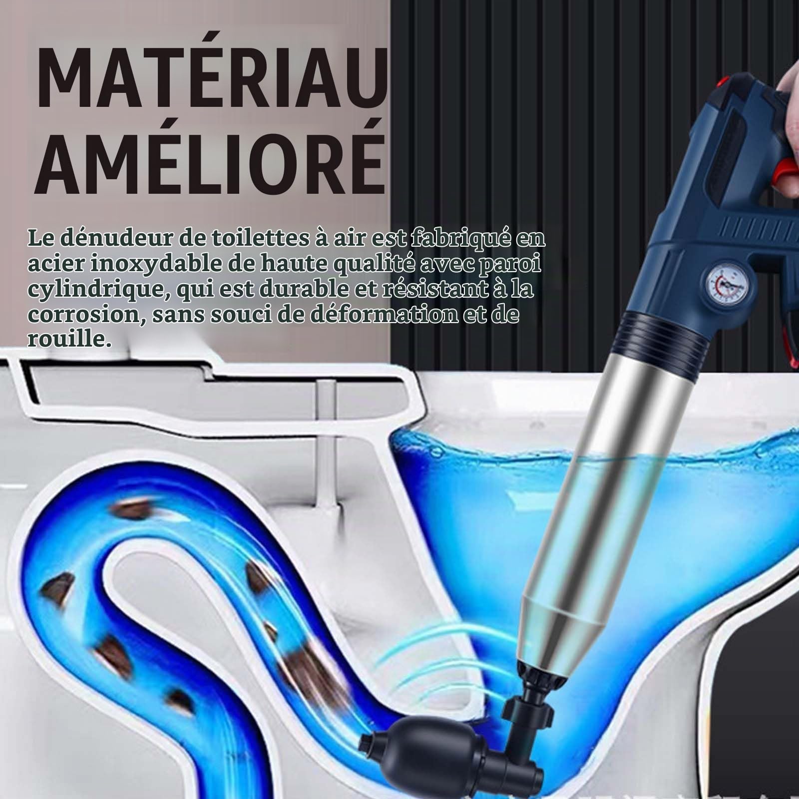 Aisny Deboucheur WC Électrique, Déboucheur à Pompe Deboucheur Canalisation Professionnel avec Indicateur de Pression d'air et 4 Adaptateurs en Caoutchouc pour Salle de Bain Cuisine Toilettes