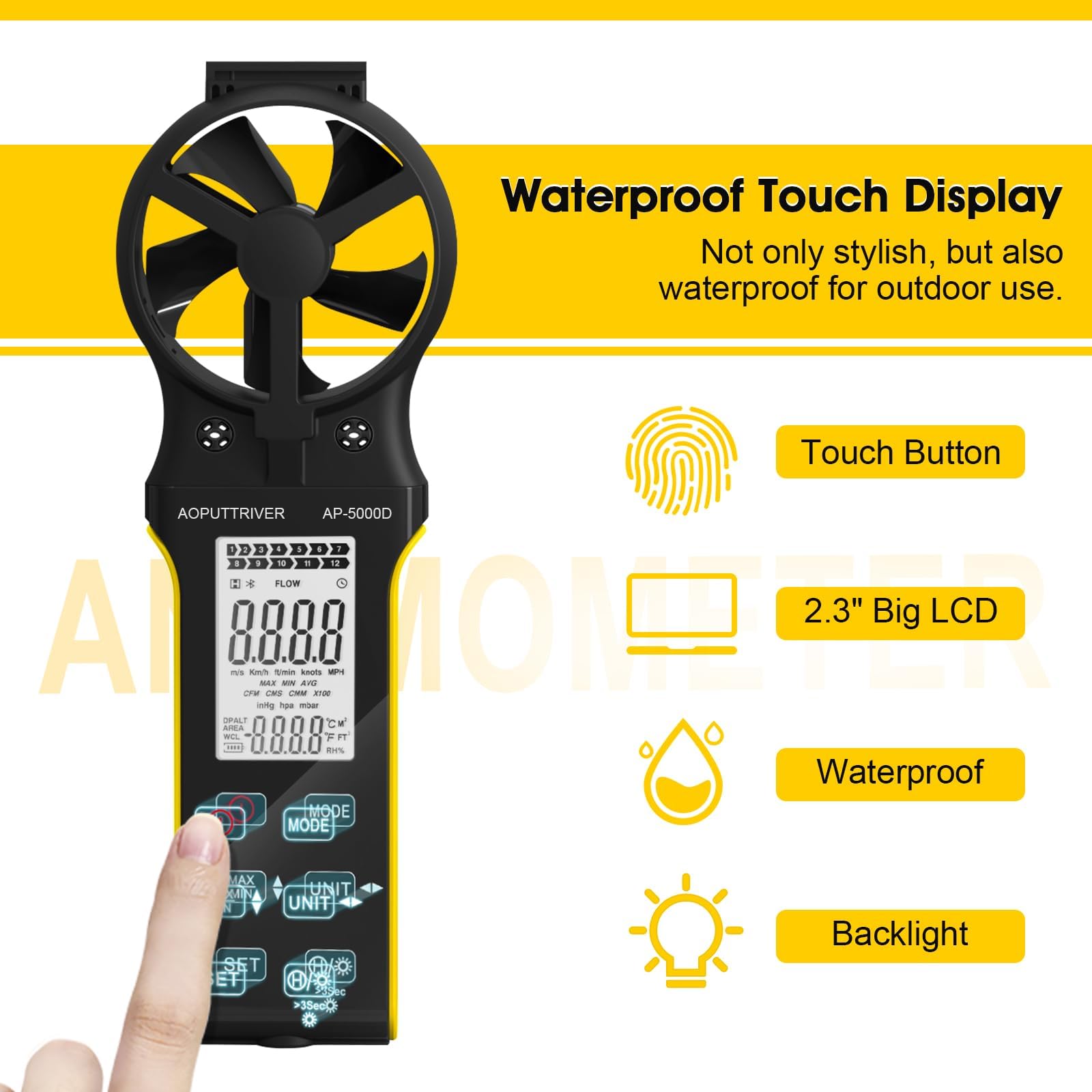 Windmesser CFM Messgerät, Wiederaufladbarer Anemometer mit Touchscreen, Anemometer Handheld Digital Windmessgerät Misst Luftvolumen/Windgeschwindigkeit/Temp mit MAX/MIN für HVAC Drohne