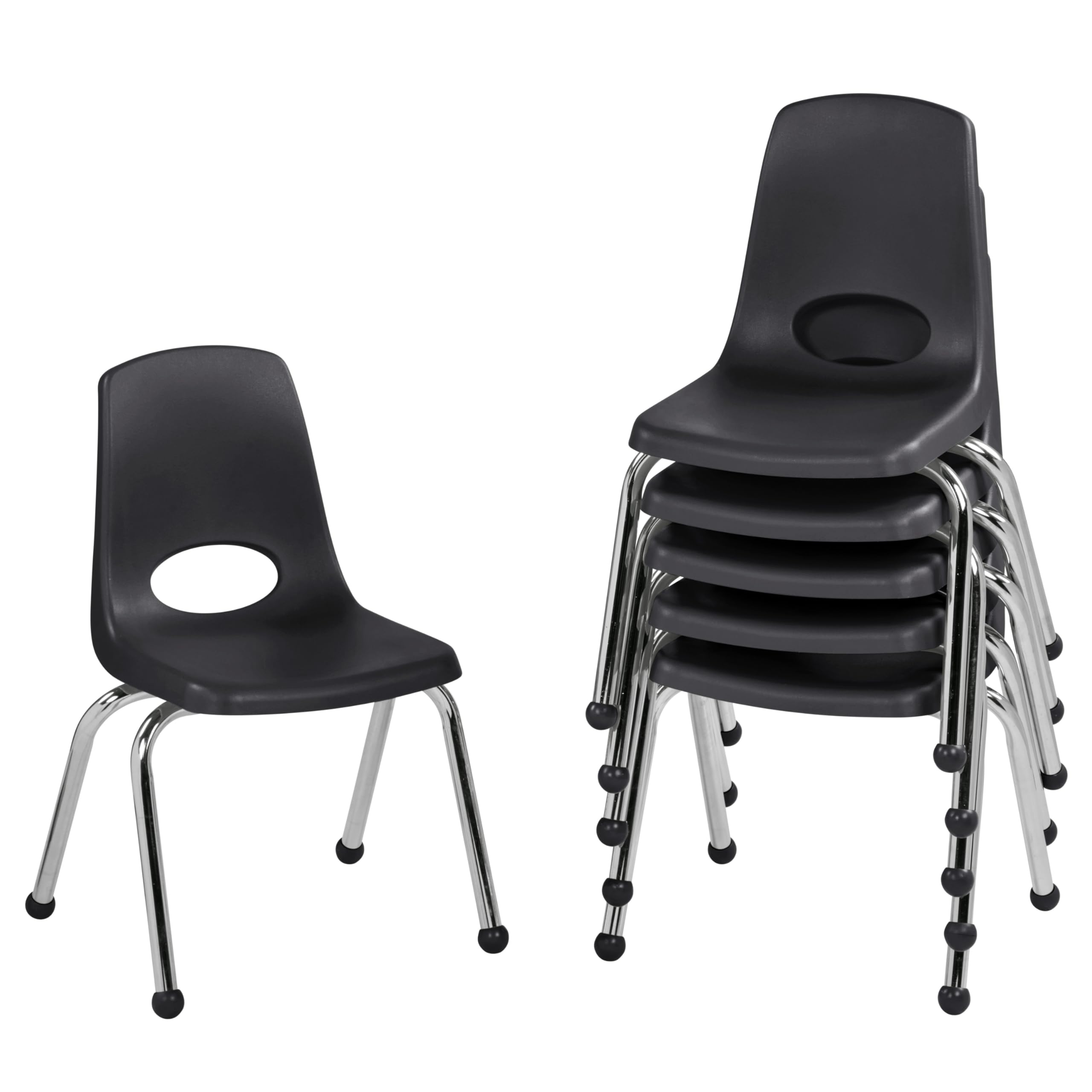 FDP 14" School Stack Chair, Stacking Student Seat with Chromed Steel Legs and Ball Glides; for in-Home Learning or Classroom - Black (6-Pack), 10363-BK