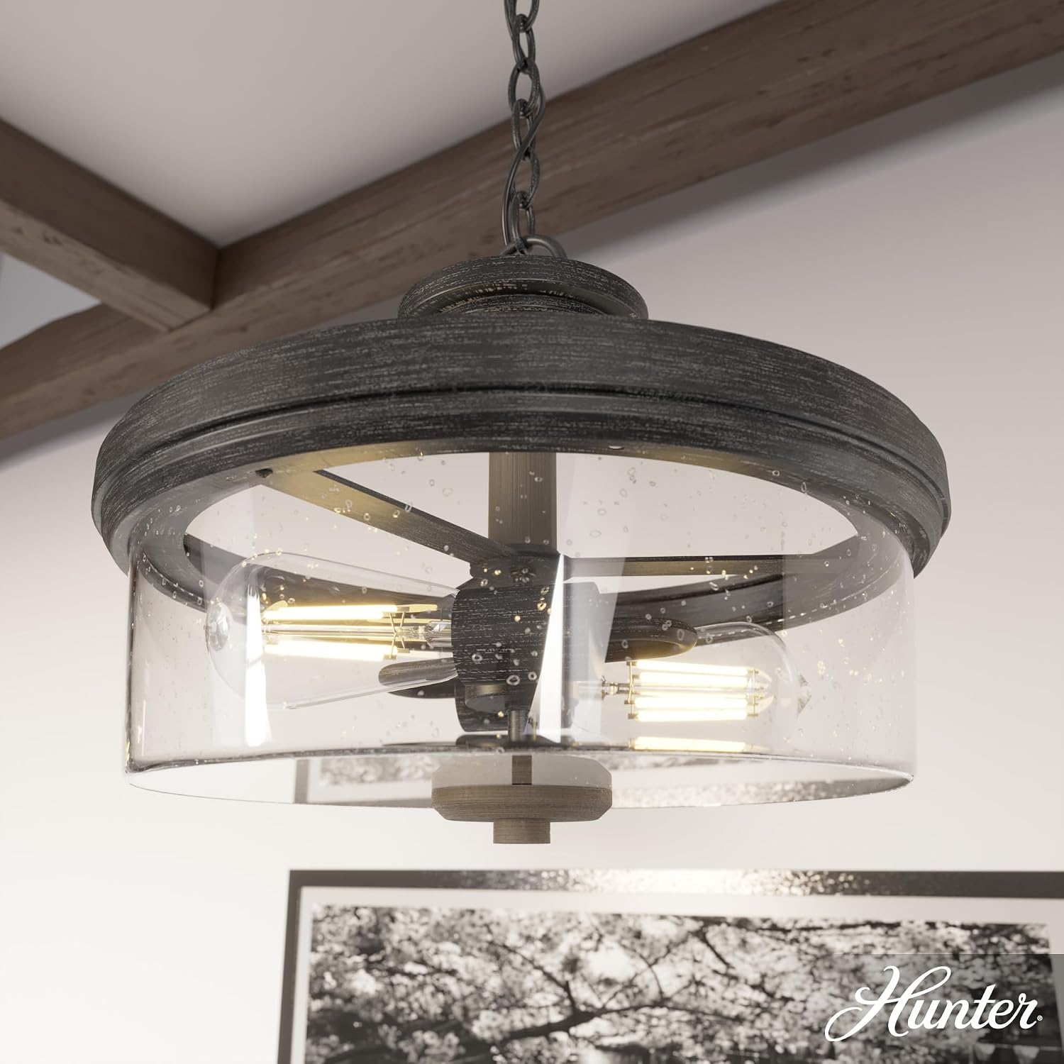 Hunter - River Mill 2-Light Rustic Iron, Rustic Style, Dimmable, Large Flush Mount Light for Bedrooms, Kitchens, Dining, Living Rooms - 19486