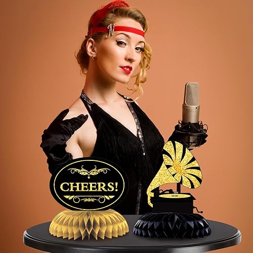 Miniatura 4 de Epakh 10 piezas de decoraciones de fiesta de los años 20, centro de mesa de panal negro y dorado, mesa de fiesta de cumpleaños para cumpleaños de