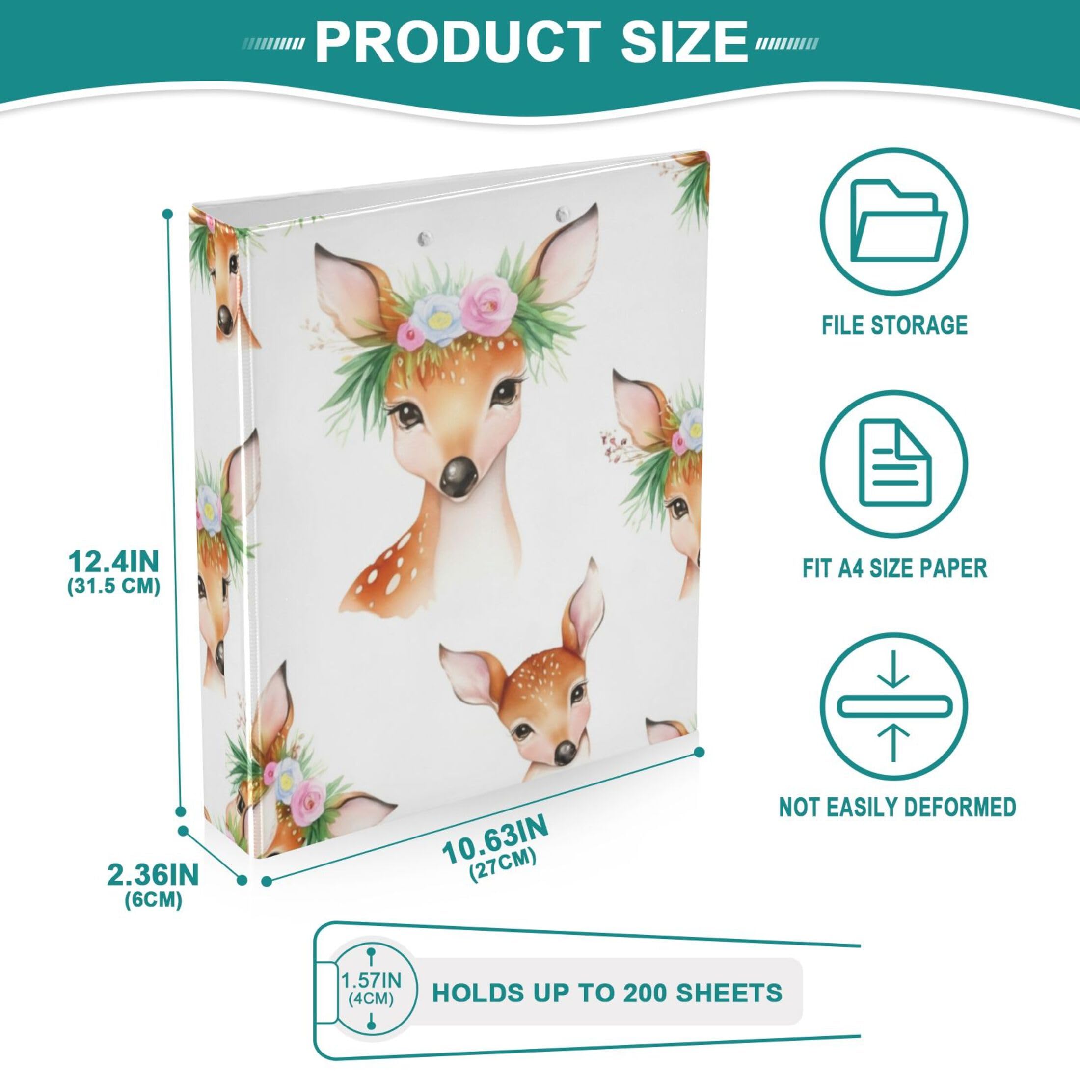Lot de 2 classeurs personnalisés avec oreilles de cerf et fleurs blanches de 3,8 cm, 3 anneaux pour 200 feuilles, 31,5 x 27 x 6 cm