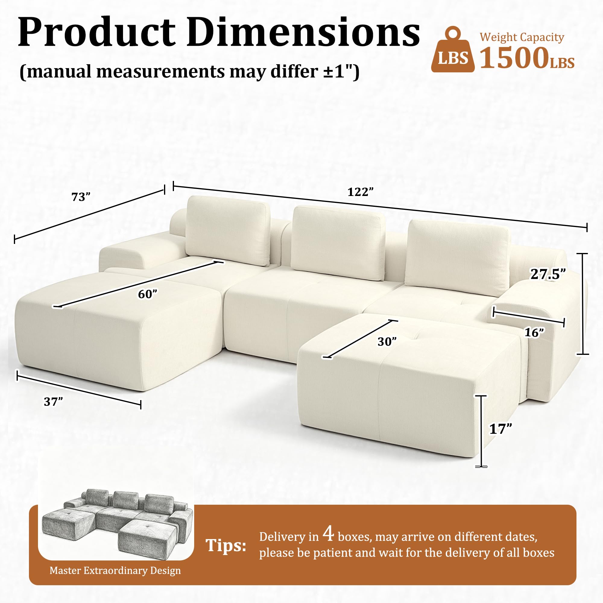 Condition photo showing New/Like New for 122" u shaped oversized boneless couch, comfort cloud sectional couches for living room, modular sofa high back & extra deep seat, no assembly, chenille(warm white, 122 inch-u shaped?3+2?)