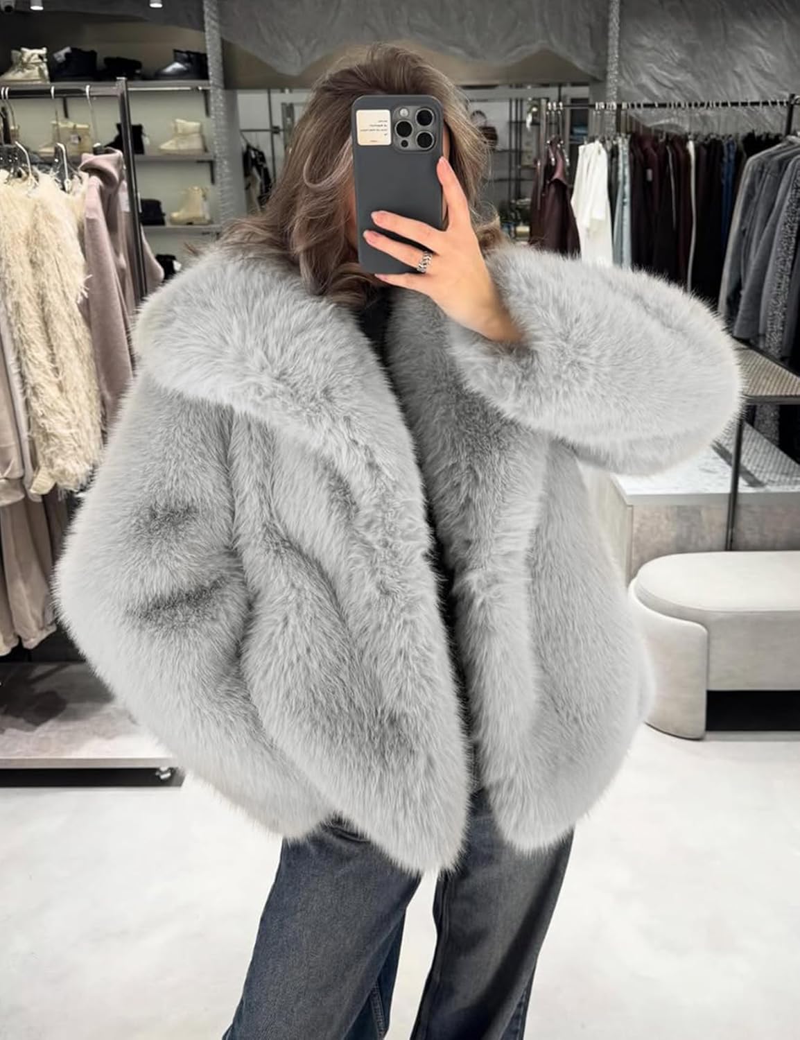 Wyeysyt Womens Faux Fur Coat Cropped Fluffy Shaggy Jacket Lapel Winter Warm Furry Short Coat - Image 2