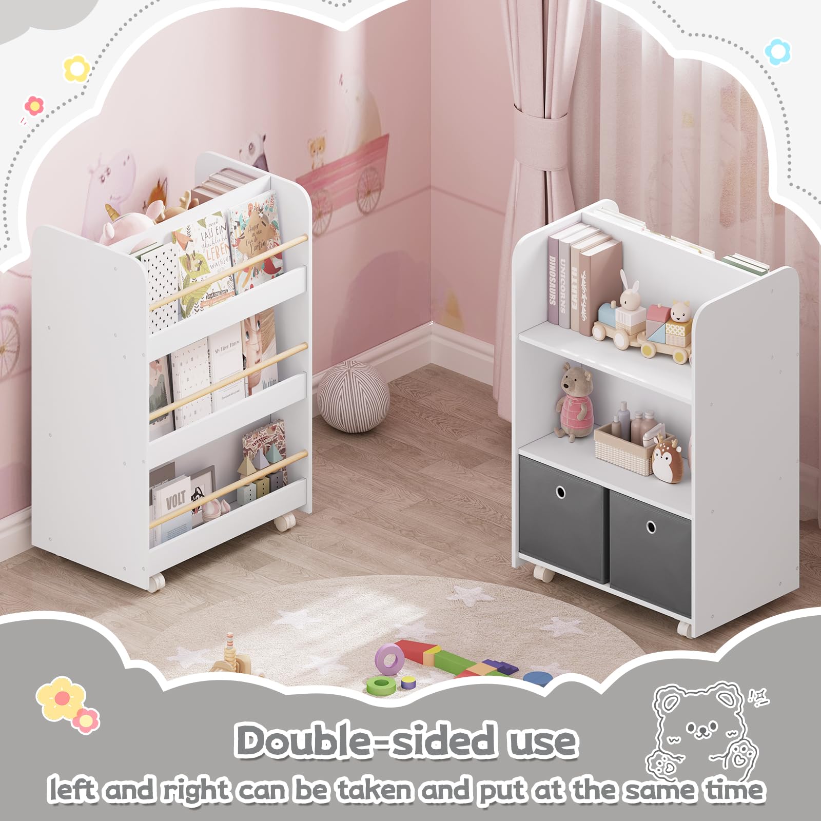 WOLTU Libreria per Bambini con Ruote 2 in 1, Porta Libri e Giocattoli, Libreria a 3 Ripiani e Portagiochi con Scatole e Scomparti Aperti per Camerette, Asili, in Legno, Bianco, 62,5x40x82,5cm