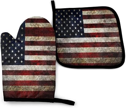 Retro American Flag Oven Mitts and Pot Holders Sets Heat Resistant Independence Day Oven Gloves with Non-Slip Surface for Safe BBQ Cooking Baking Grilling Set of 2