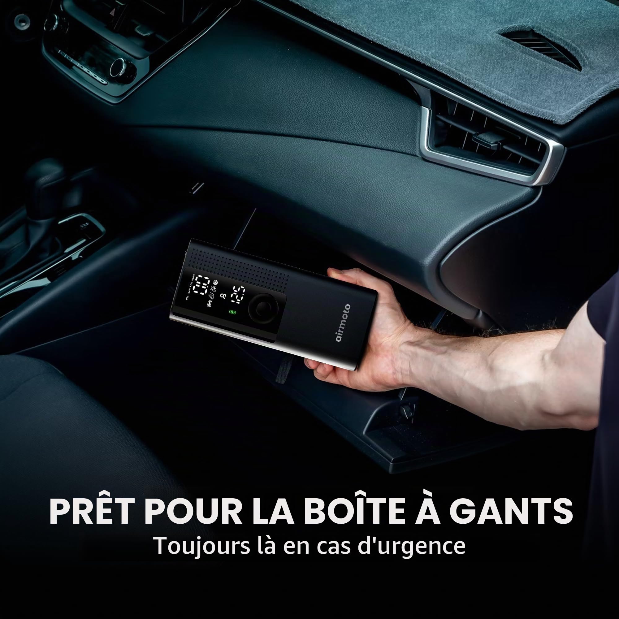 Airmoto Compresseur d'air portable – Pompe intelligente pour voiture, moto, vélo et plus – Comprend un manomètre de pression des pneus
