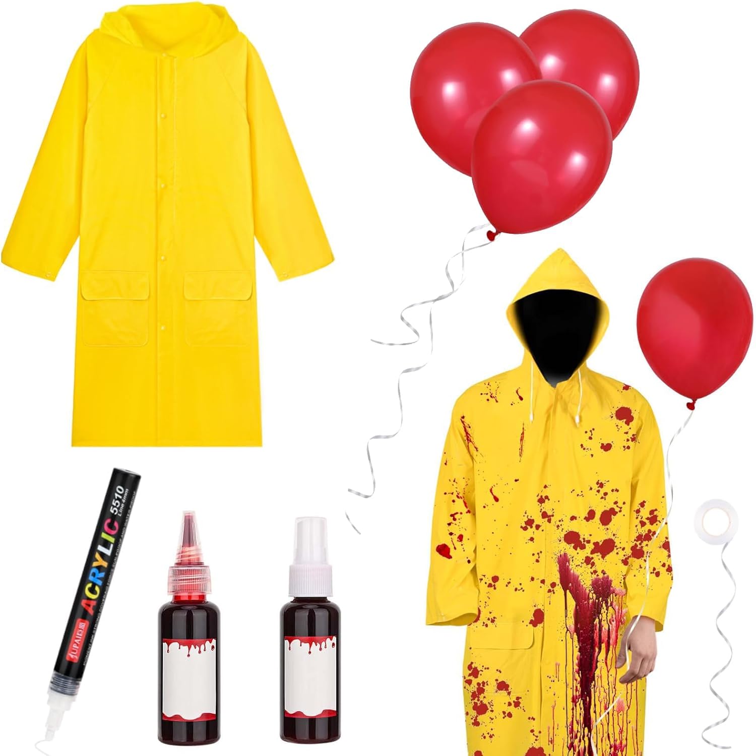 Kavoc 7 Pcs Halloween Character Costume Set Include Yellow Raincoat,Red Balloons,Ribbon,Blood and Acrylic Markers for Movie Party Cosplay