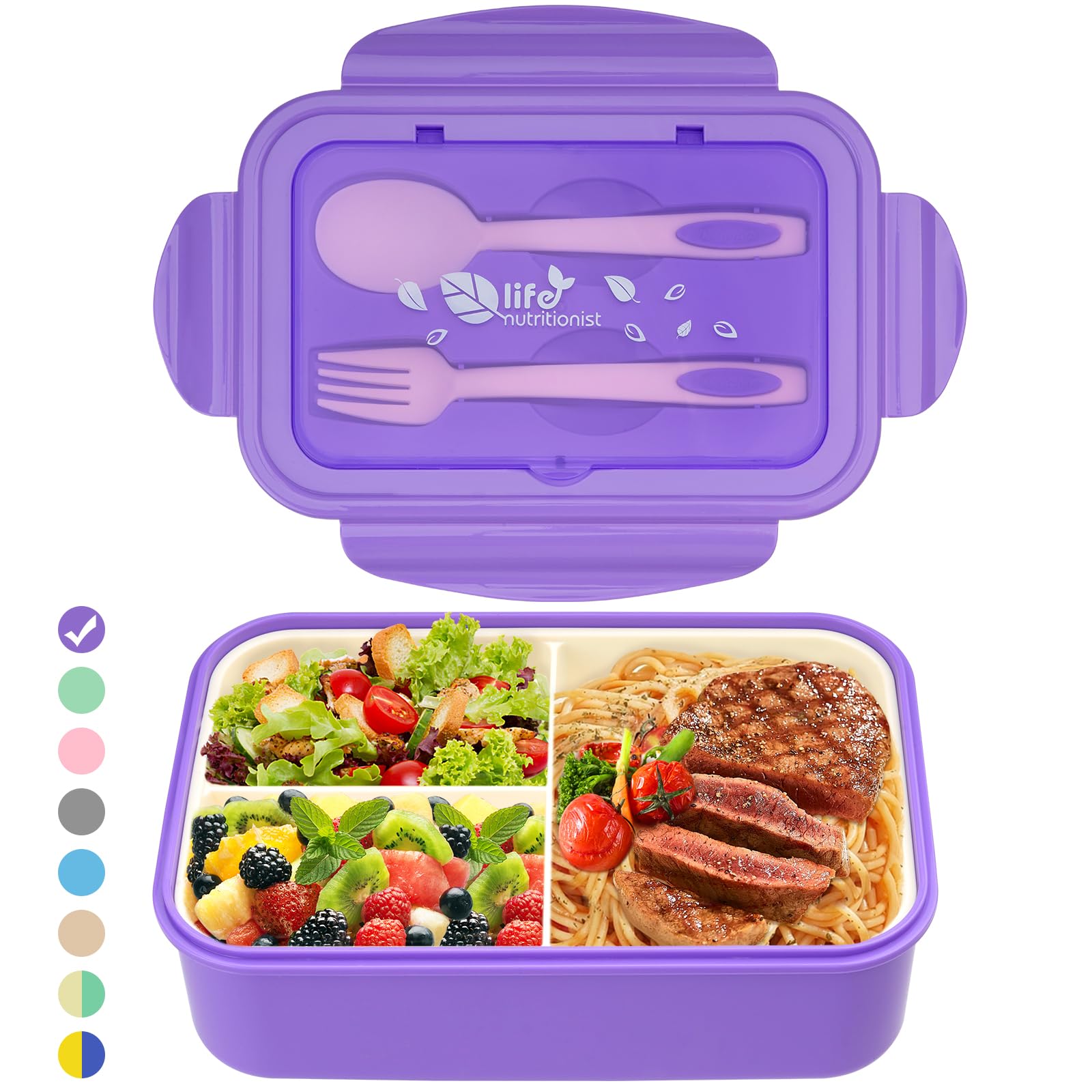 BIBURY Lunch Box, Bento Box, Brotdose mit 3 Fächern und Besteck, Auslaufsicher Brotzeitbox Kühlschrank Spülmaschinenfest Mikrowellengeeignet, Brotdosen für Schule Arbeit Picknick Reisen(Violett)