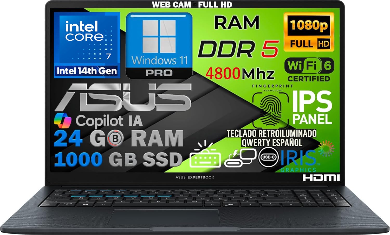 ASUS Ordenador Portátil, Intel Core i7 14ª Gen, RAM 24GB DDR5, 1TB
