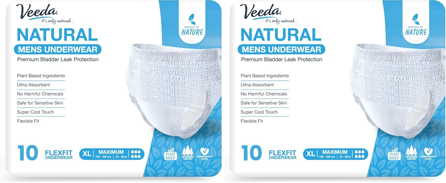 Veeda Natural Premium Incontinence Underwear for Men, for Bladder Leakage Protection, Maximum Absorbency, Extra Large Size, 10 Count (Pack of 2)