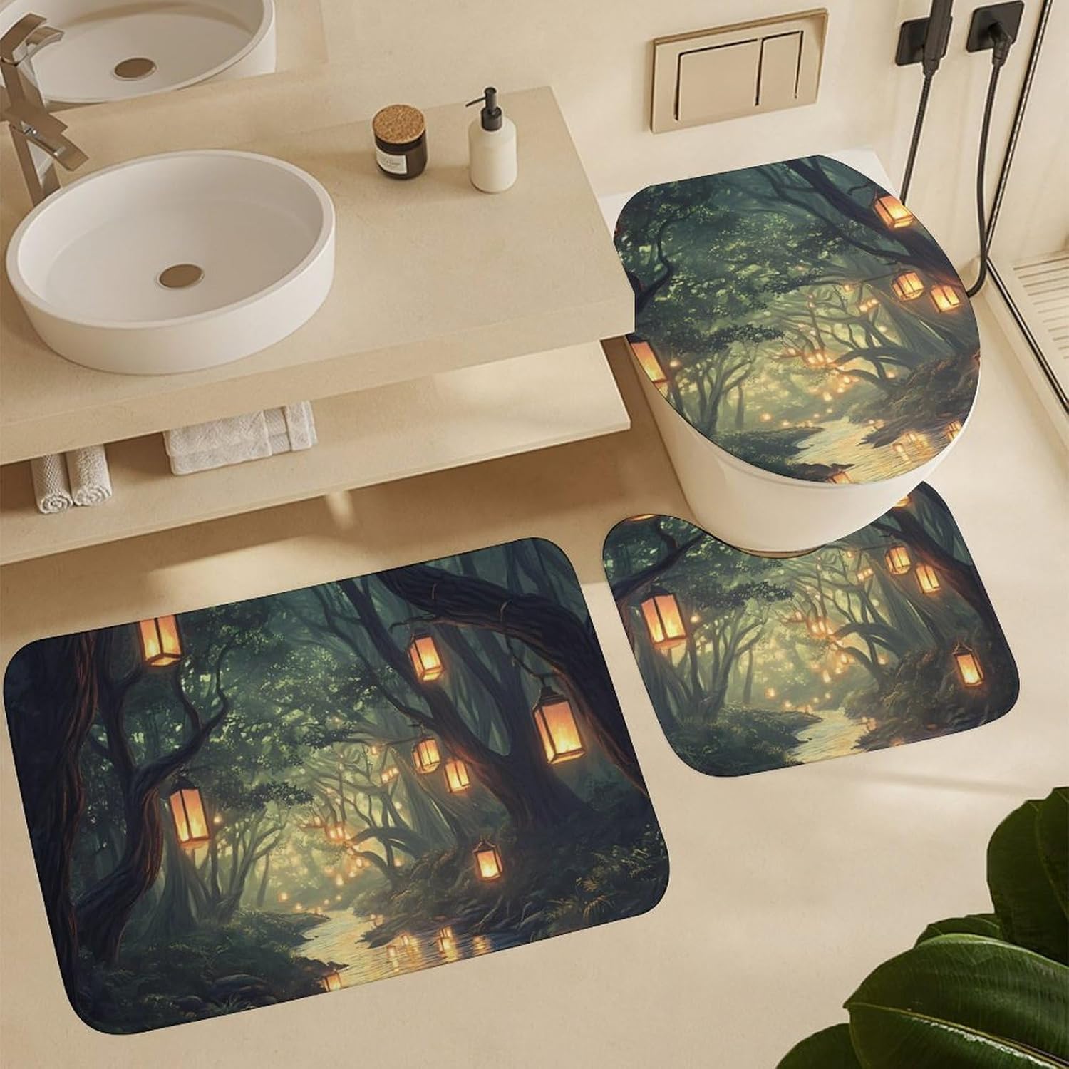 Lanterns Trees Spiritual River Bathroom Sets with Shower Curtain and Rugs 4 Piece with U-Shaped Floor Mat Toilet Lid Cover