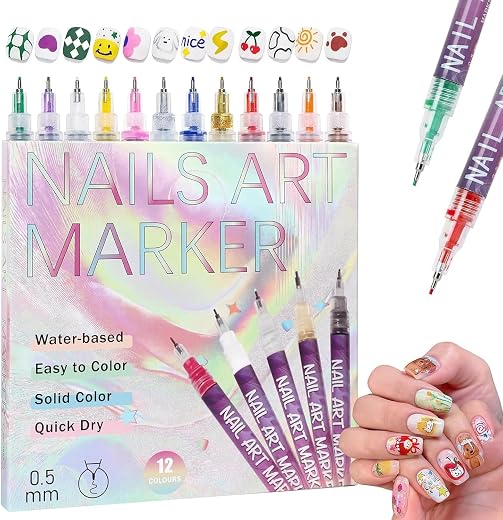 Kidology 12 Colors DIY Nail Art Pens Set | 0.5mm Ultra Fine Nail Art Marker Pens | Quick Dry Waterproof Nail Polish Pens f...