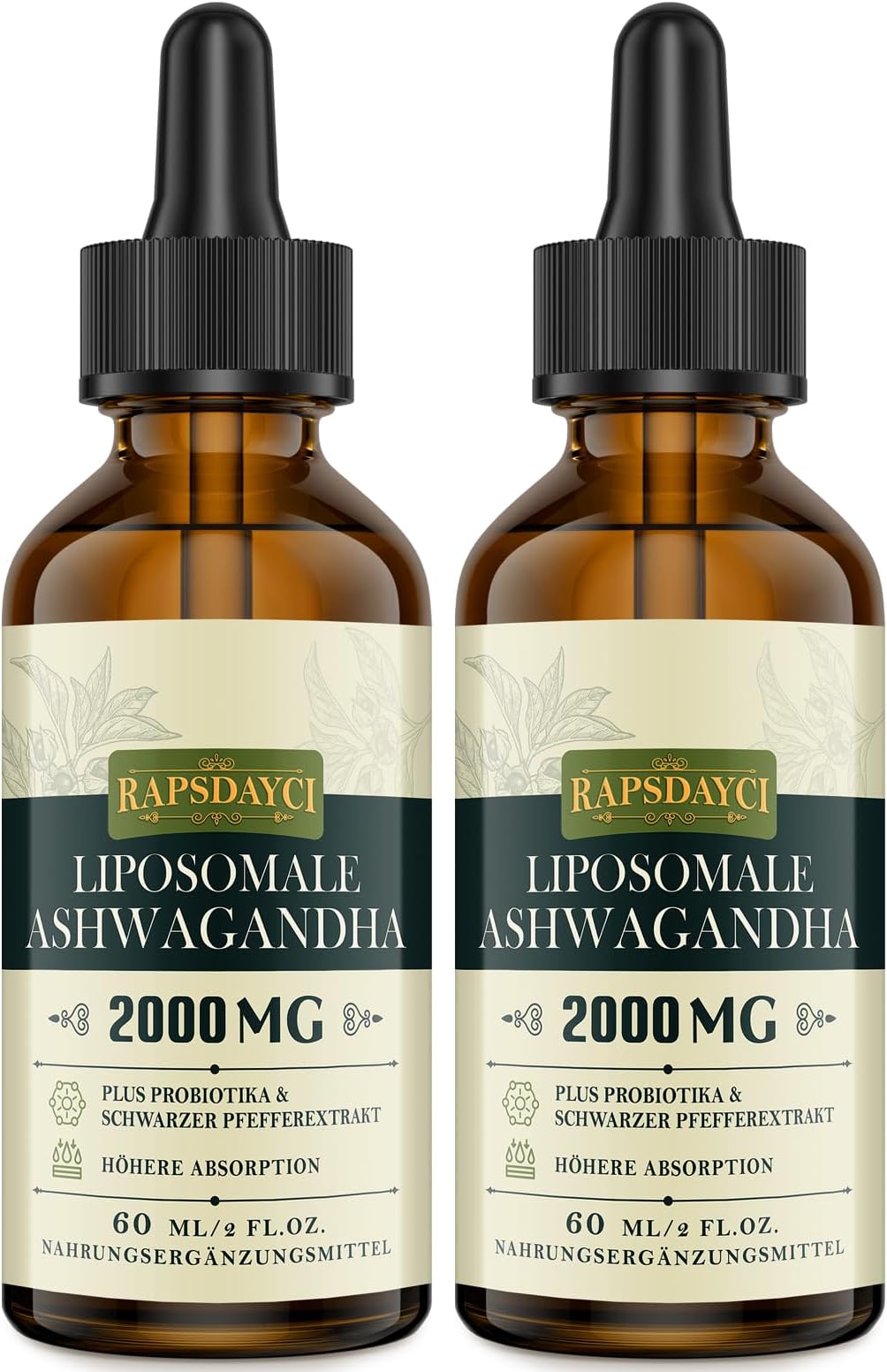 2000mg Liposomal Ashwagandha Liquid Drops, Pure High Strength Ashwagandha Root Extract with 7% Withanolides, 5X Concentration, Absorbed Faster Than Capsules, 60 ml (Pack of 2)