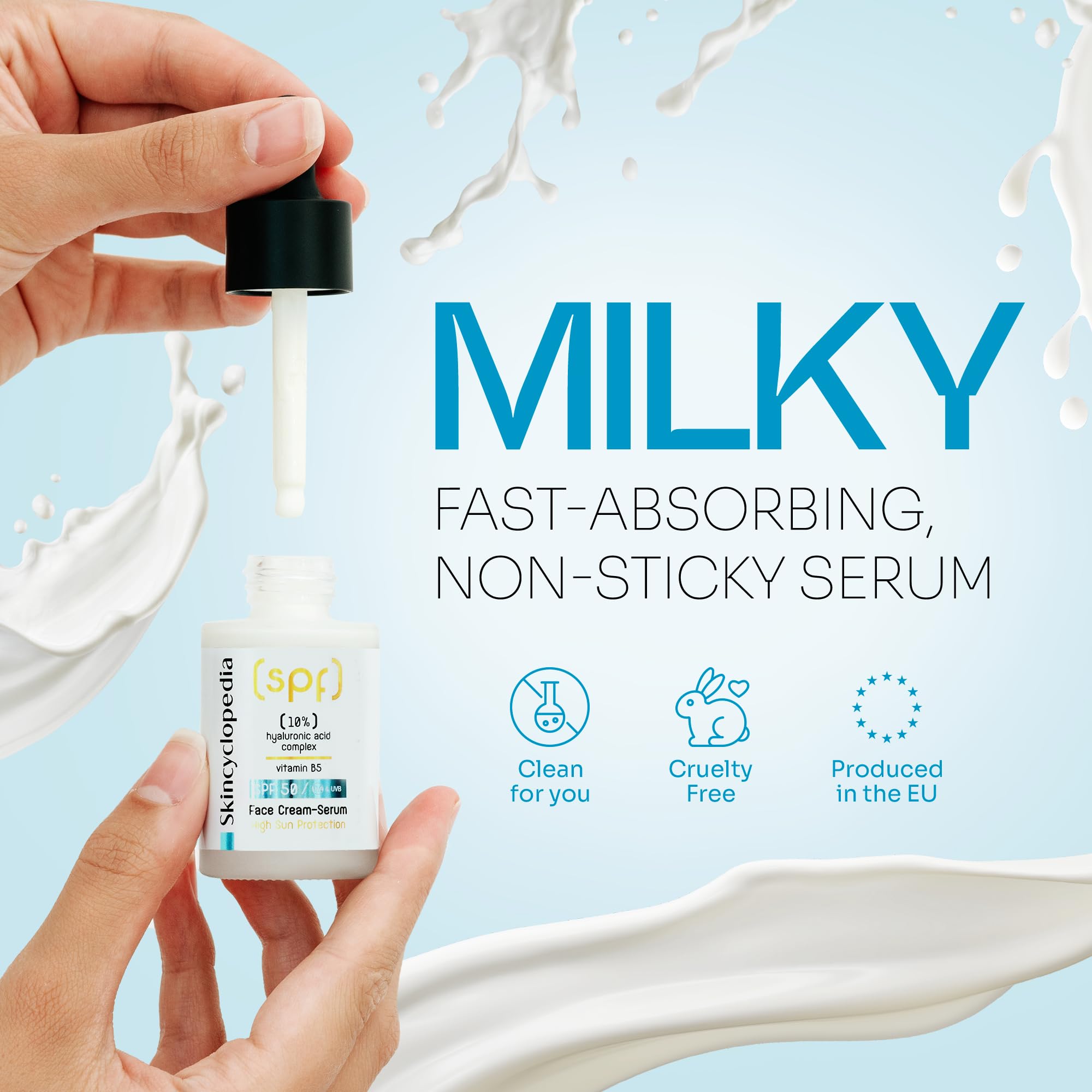 Skincyclopedia Serum z kwasem hialuronowym, LSF 50 serum do twarzy z 10% kompleksem hialuronowym i witaminą B5, ochrona przed słońcem z SPF 50, UVA i UVB, ochrona przed słońcem o wysokim spektrum