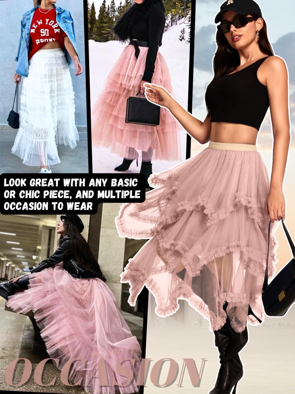 Kaei&Shi Long Tulle Skirt,Asymmetrical Ruffle Hem,Renaissance Fairy Costume