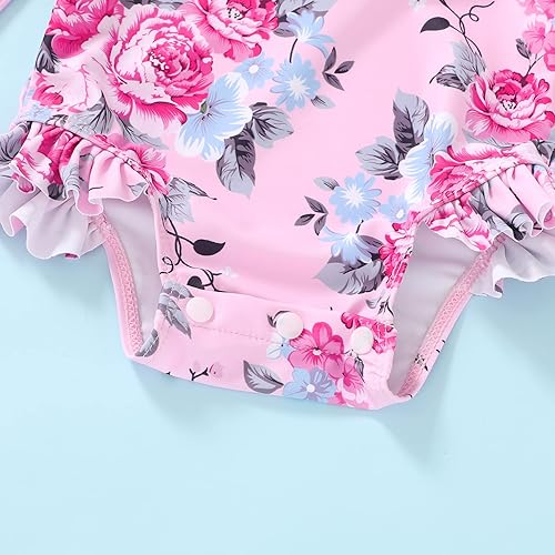 Vista 5 de Traje de baño de una pieza para bebé niña con protección solar de manga larga, conjunto con gorro, diseño floral, cremallera, traje de baño