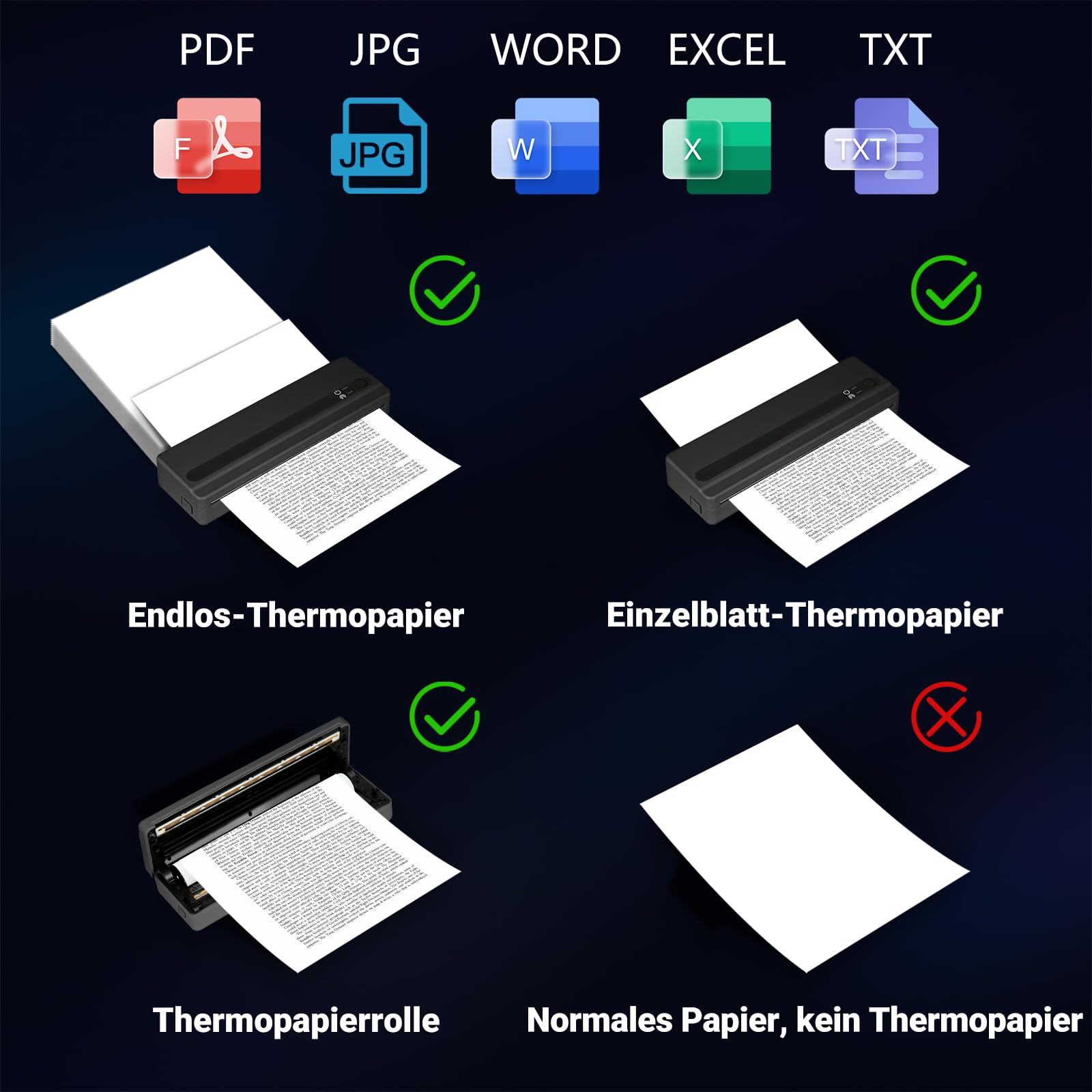 Tragbare Thermodrucker A4, Bluetooth Mobiler Drucker für Hause, Foto, Wireless Thermal Printer Kleine Kabelloser Drucker Kompatibel mit iOS, Android Smartphone, Tablet & Laptop