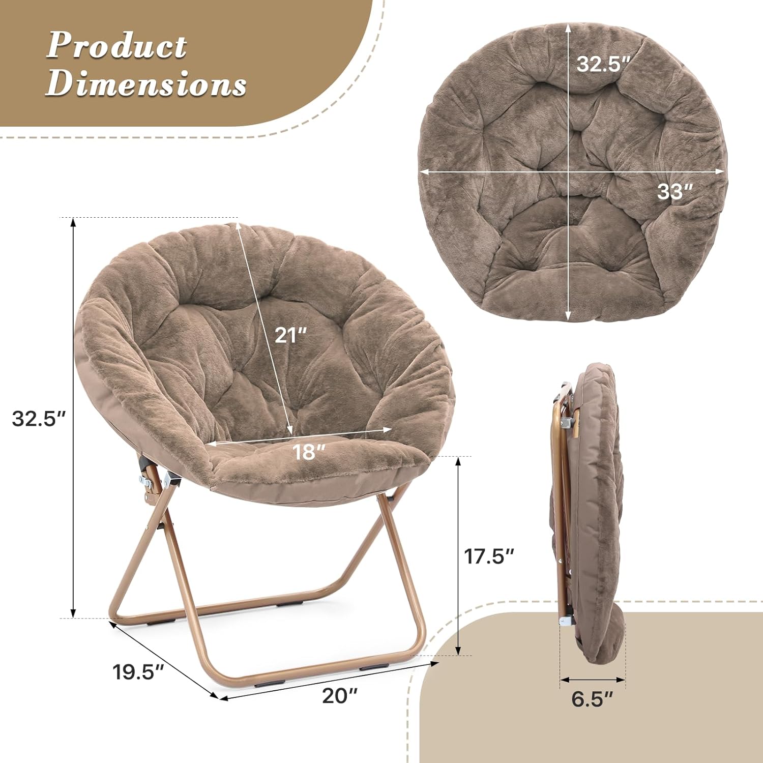 Athena Collection Round Saucer Chair for Adults, Oversize Comfy Cozy Faux Fur Folding Reading Chair with Metal Leg Lazy Relaxing for Living Room Bedroom Dorm Apartment, Beige