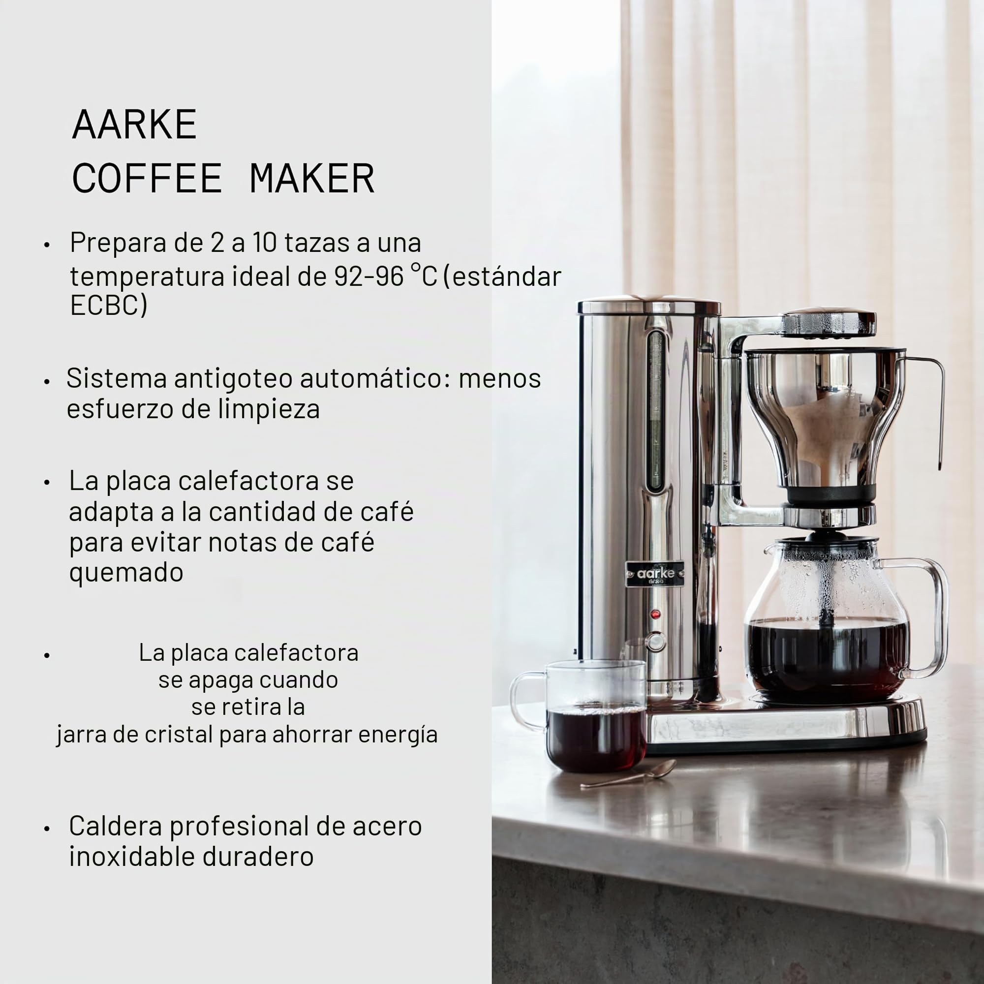 aarke Cafetera de filtro – Cafetera eléctrica, jarra de vidrio, función de mantenimiento de temperatura, capacidad de 10 tazas, 250 ml - 1.25L, diseño moderno, preparador de café para café de filtro