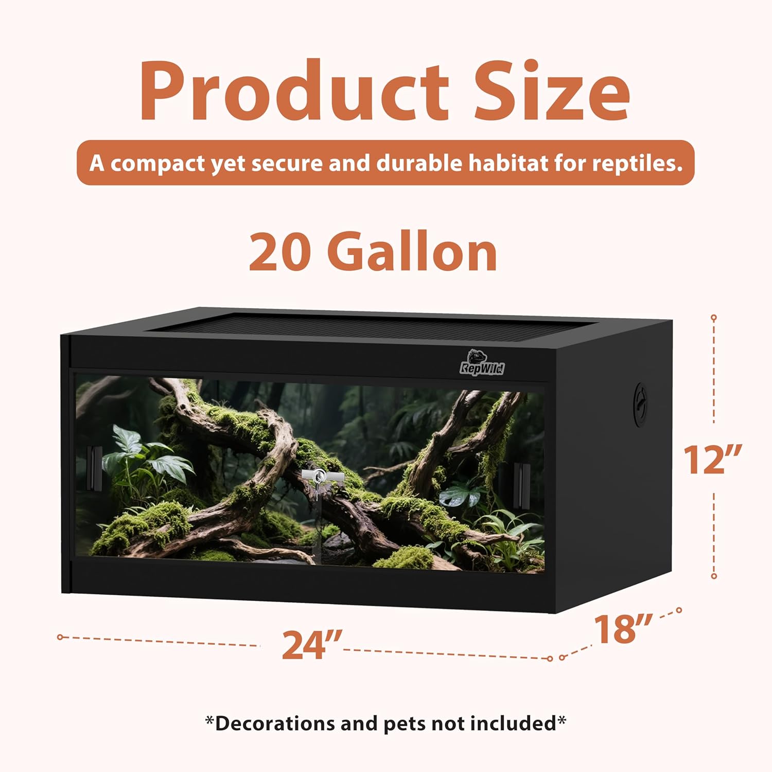 20 Gallon PVC Reptile Enclosure, RepWild 24"x18"x12" Terrarium/Tank with Heavy-Duty Screen Top, Glass Sliding Doors & Lock for Bearded Dragons, Ball Python, Geckos, Lizards