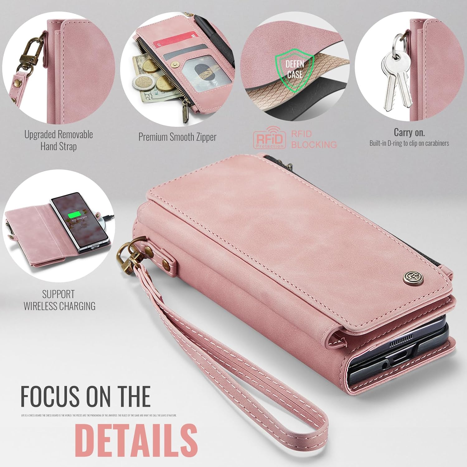 Defencase Wallet Case Compatible with Samsung Galaxy Z Fold 3 with RFID Blocking Card Holder & S Pen Holder PU Leather Magnetic Snap Flip Zipper Strap Phone Case Fit for Galaxy Z Fold 3, Rose Pink