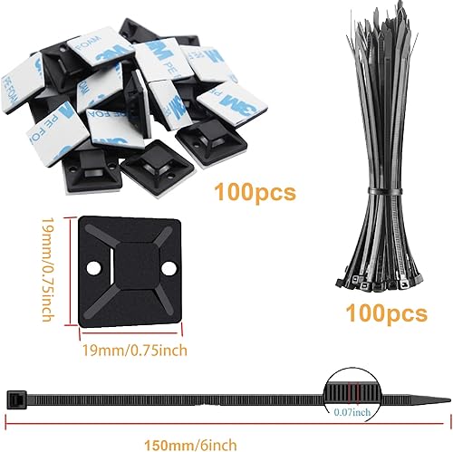 Miniatura 2 de Juego de 100 soportes adhesivos para bridas de cables, correas ajustables de plástico con cremallera, para gestión de conductos de mangueras de tubo