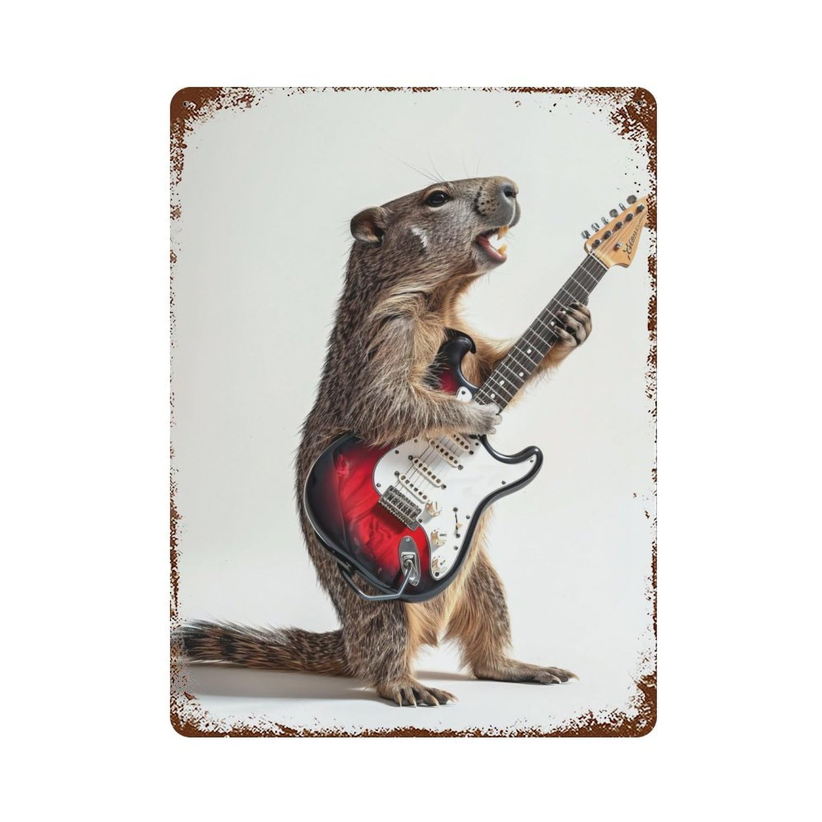Garage Style Groundhog Guitar Rusty Metal Tin Sign 15.7"x11.8", Farmhouse Wall Decor for Bar And Workshop
