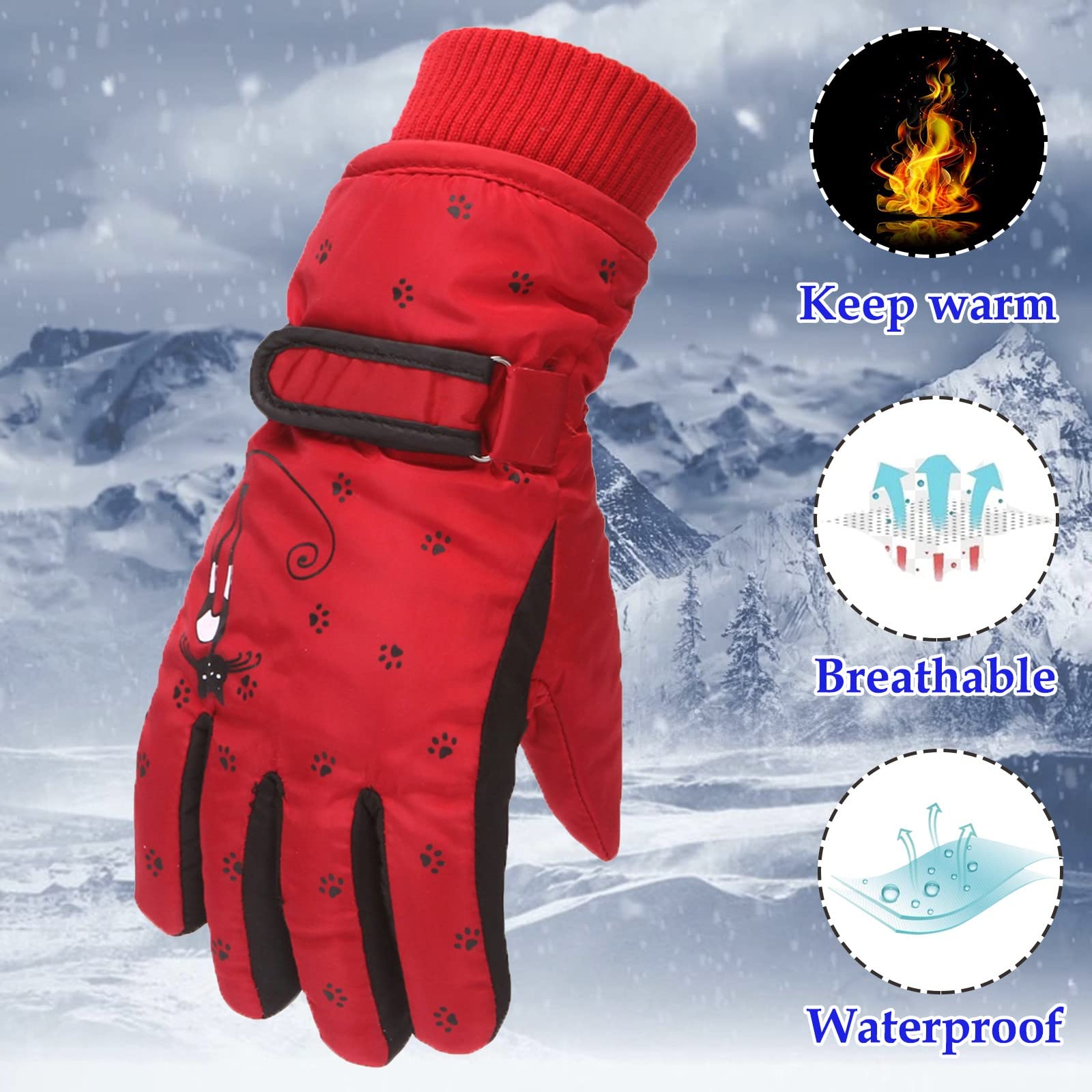 Guanti Invernali Impermeabili Per Bambini: Sci E Neve – Caldi In Pile, Antiscivolo Con Cinturino – Taglia M (6-11 Anni) Rosso