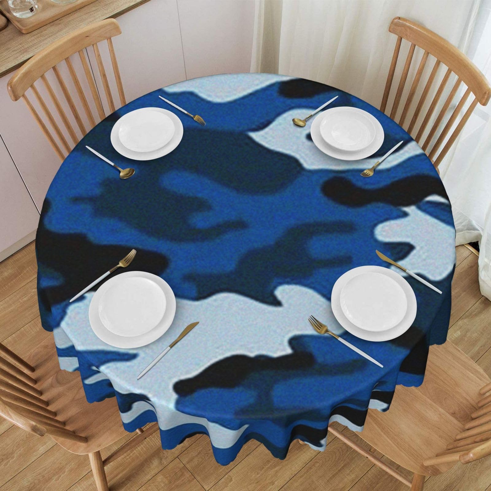 DCEHGEW 60 In Round Tablecloth with Lace, Blue Camouflage Printed Oilproof & Washable Fabric Picnic Table Cloth Table Covers