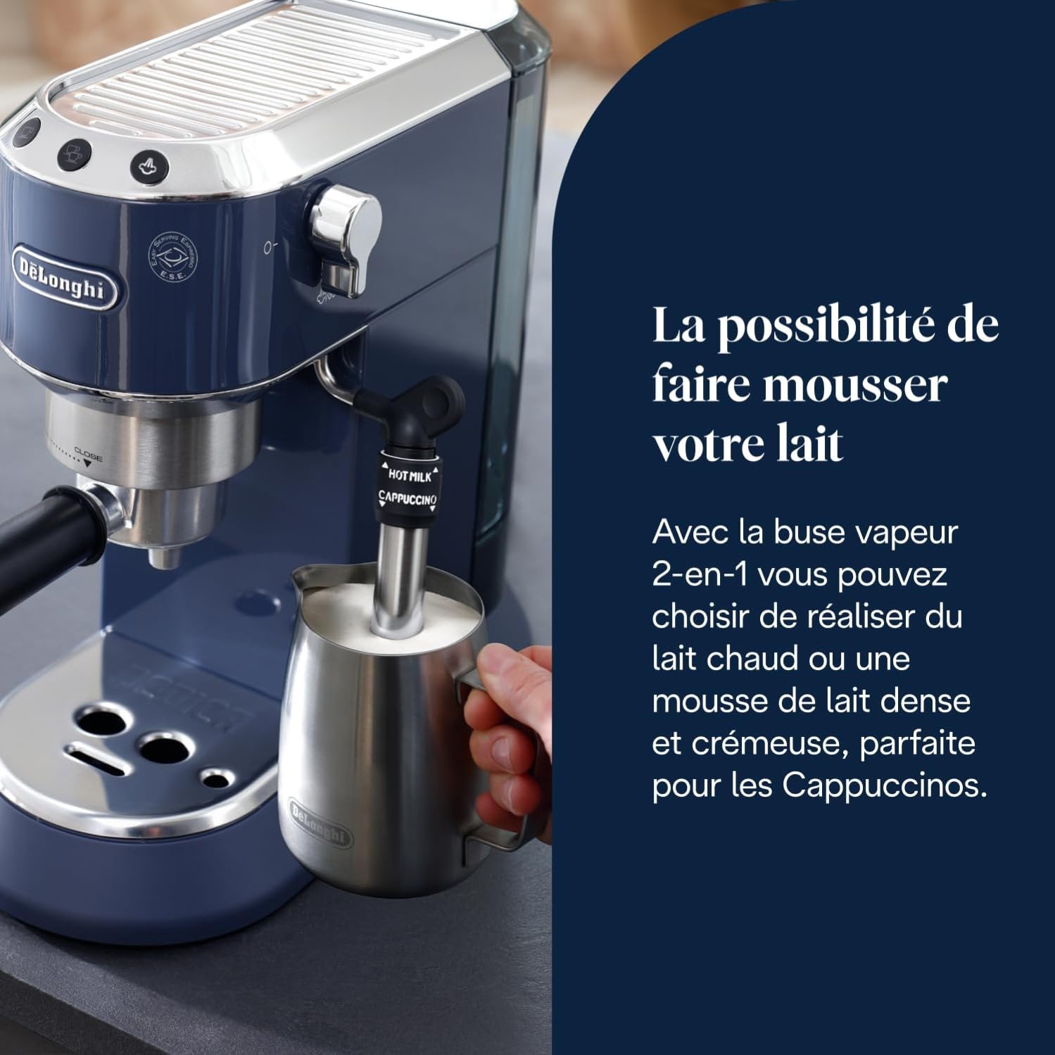 De’Longhi Dedica Style - Perfetto Machine à Expresso Compacte, Mousseur de Lait Manuel pour Expresso et Cappuccino, Compatible Dosettes ESE, Panneau de Commande à Boutons,Largeur 15cm,Bleue(EC685.BL)