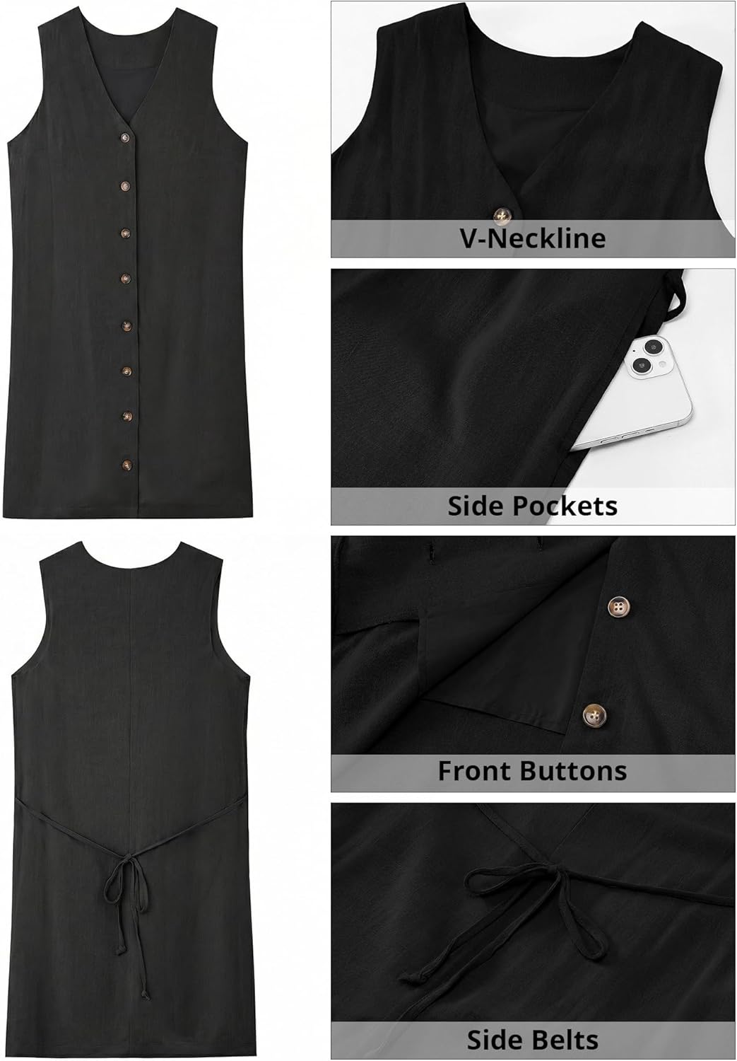 GPAPENT Linen Dresses for Women Summer Casual Sleeveless Button Down V Neck Pocket Self Tie Knee Length Loose Sun Dress - Image 9