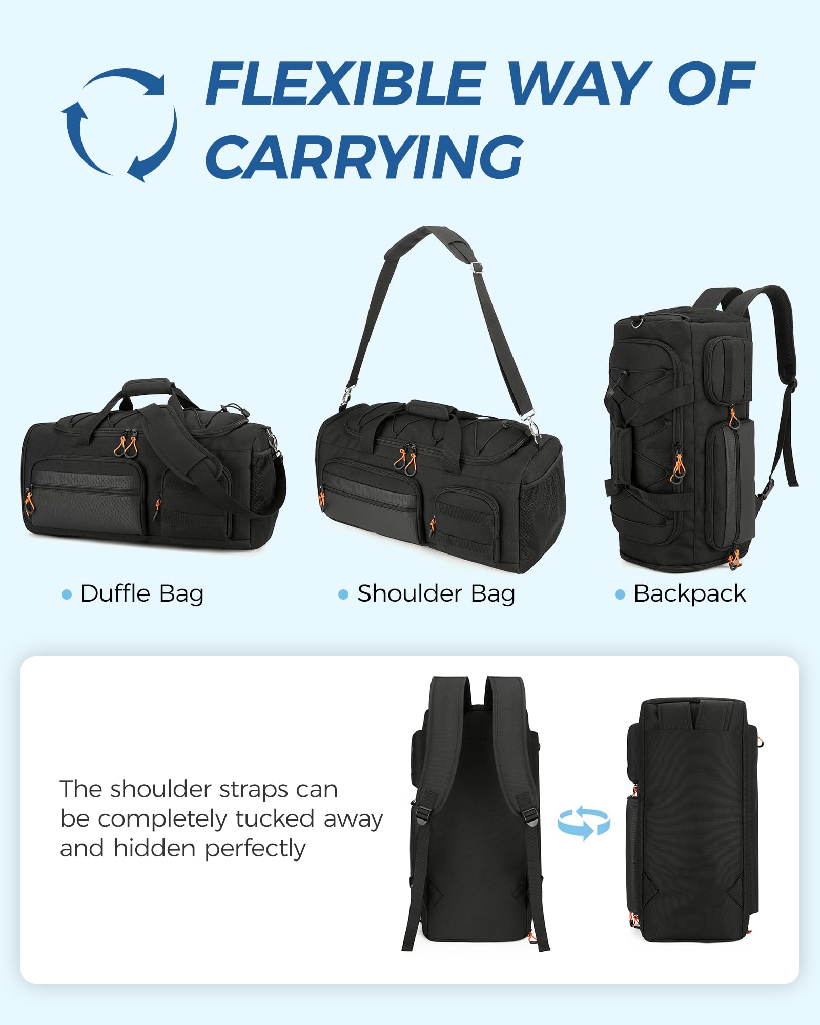 Searock 45L Turnbeutel für Herren, 3-in-1 Seesack Rucksack für Reisen, Sport-Seesack für Fitnessstudio, Wochenend-Übernachtungstasche mit Schuhfach, Nassfach, Schwarz, 22 inch, Fitnessstudio