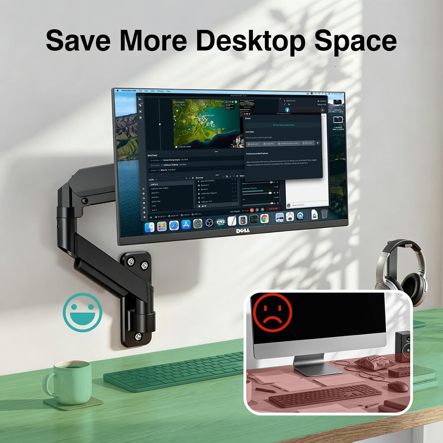 Single Monitor Wall Mount for 17 to 32 Inch Computer Screens, Height Adjustable 360 Degree Roation Tilt Monitor Arm Holds Up to 22lbs, Full Motion Wall Bracket, VESA Mount 75x75, 100x100, Black