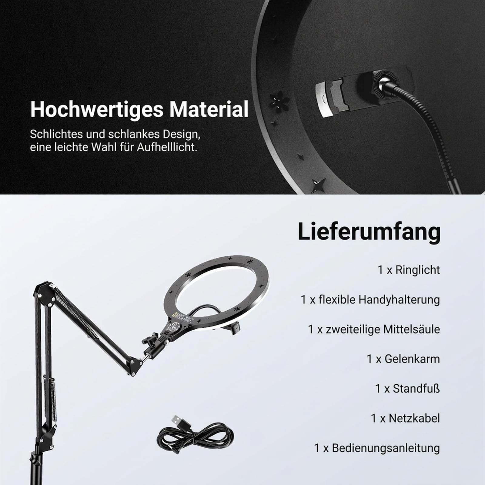 NEEWER Entry Level Version 10,5" 10W Ringlicht mit 46“-63" Stativ, Handyhalterung für Deckenmontage, kompatibel mit iPhone, zweifarbige LED Selfie Beleuchtung mit CRI 85+ für TikTok Videoaufnahmen N44