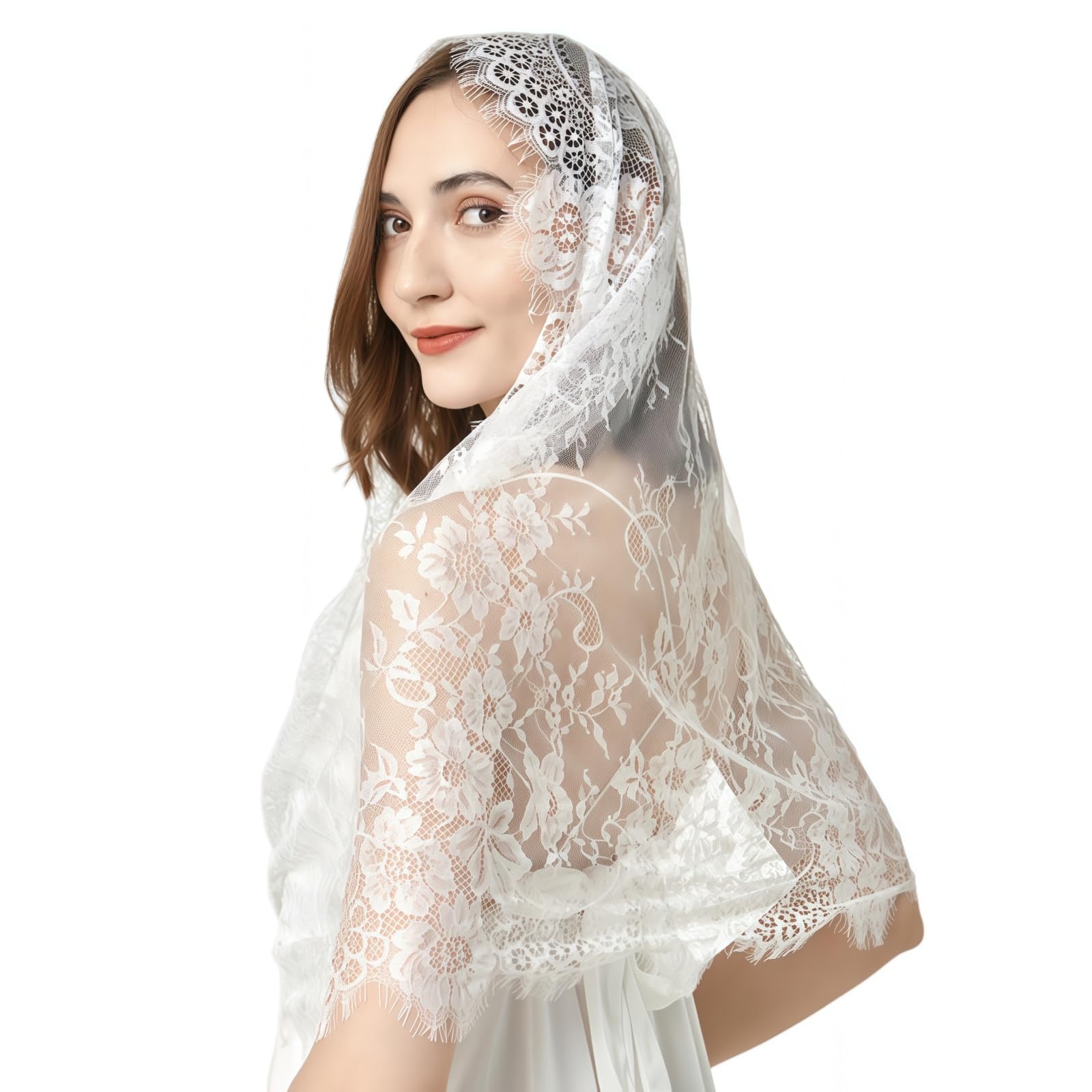 TouKingda White Catholic Veil Floral Lace Mantilla Veils Catholic Headscarf Shawl for Bridal Women Latin Mass Religious Ceremony Wedding Funeral