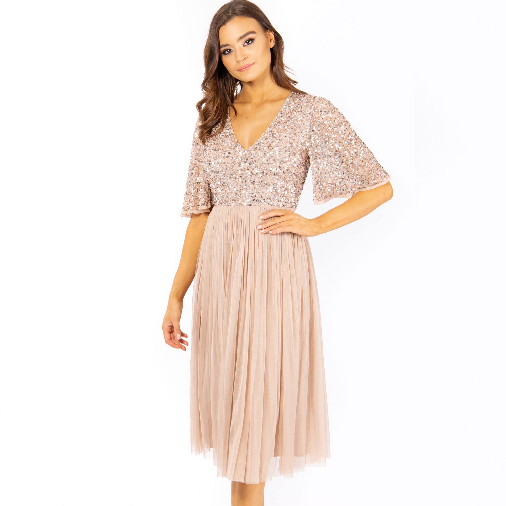 Maya Deluxe Damen Midi Abendkleid Cocktailkleid Abschlussball V-Ausschnitt Kurze Ärmel Tüllkleid Elegant für Hochzeit