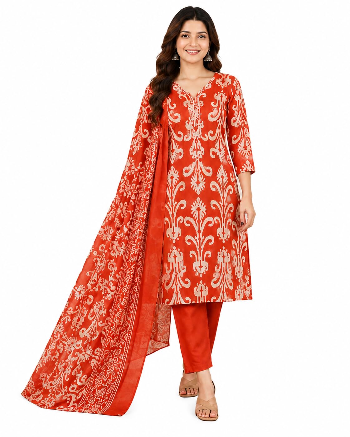 Women's Cotton Printed Kurta Pant Dupatta Set | 3 Piece Ethnic Suit Set | Soft Cotton Straight Kurta with Printed Dupatta | Casual, Office, Daily | Orange-image-13