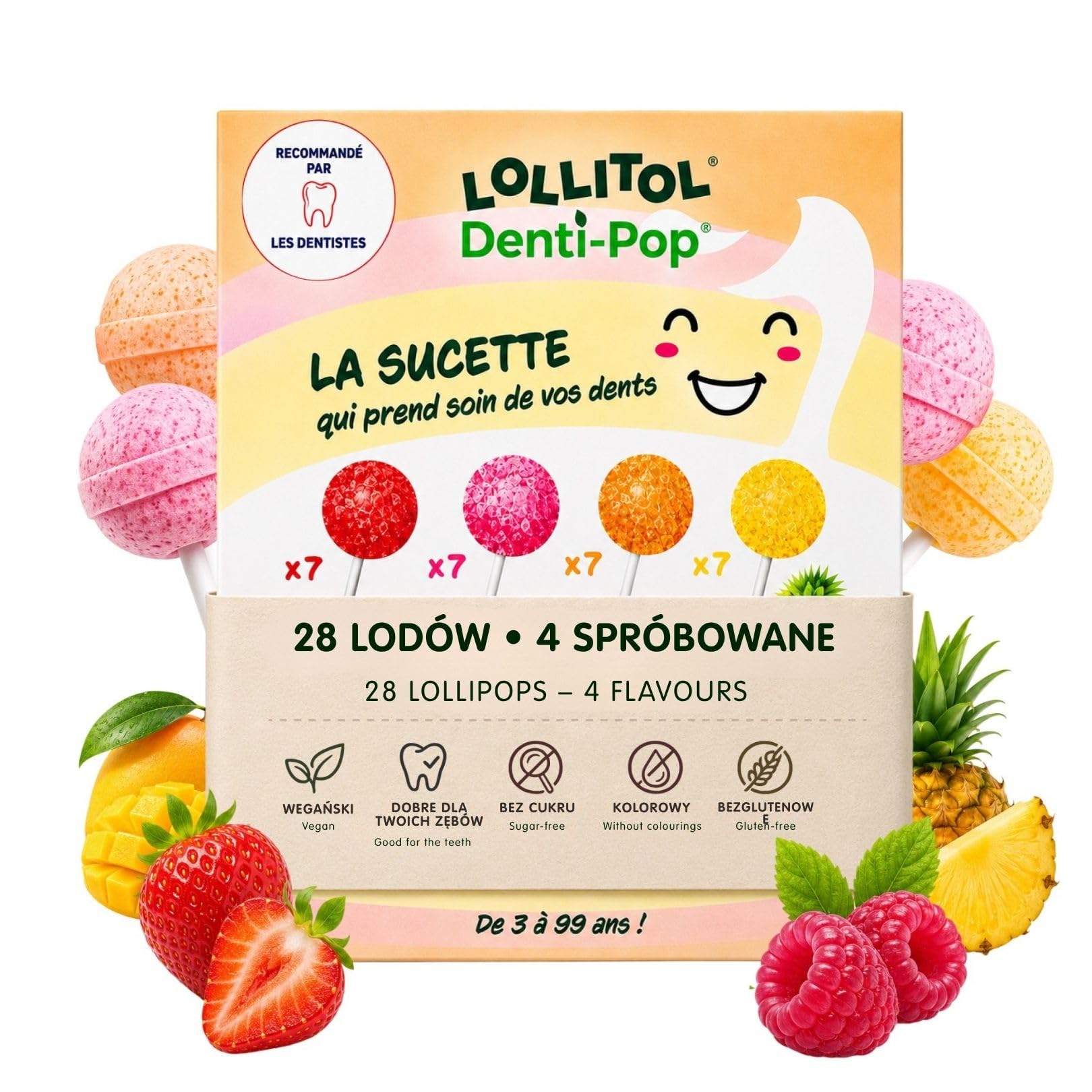 LOLLITOL Lizaki Bez Cukru 28 Sztuk – Cukierki Bez Cukru, Wegańskie Lizaki o Smakach Owocowych (Truskawka, Malina, Mango, Ananas) – Bez Aspartamu, Zestaw Degustacyjny