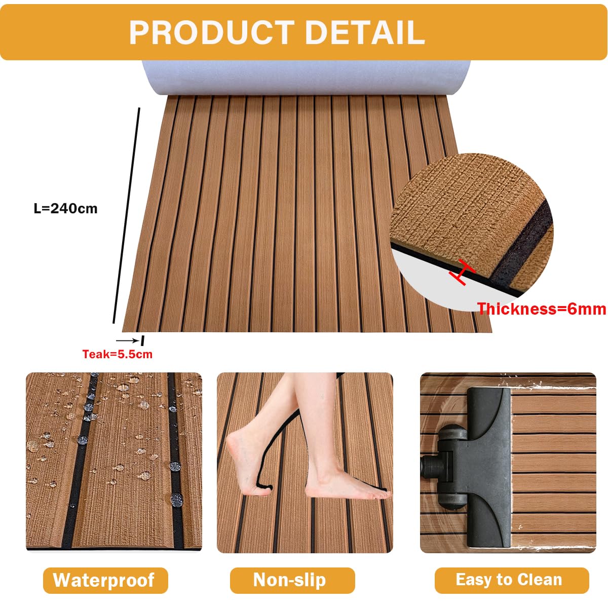 Eva Mousse Bateau Tapis Marine Antidérapant Revêtement Sol 240x112/90/55/41cm Auto-Adhésif Synthétique Teck Pont pour Yacht Kayak Bateaux à Moteur Piscine Escaliers Terrasse Planches de Surf