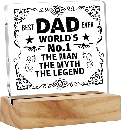 Placa de acrílico para escritorio con soporte de madera, regalo para papá, de hijo, hija a padre, con texto en inglés "Best Dad Ever", regalo de