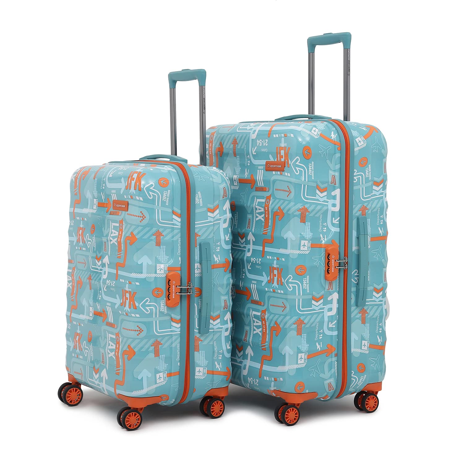 jfk inline trolley bag set of 2 (small,medium)|hardshellsided polycarbonate printed luggage|check-in luggage|combination lock|8 wheel trolley bag|suitcase for unisex| (teal blue),h-75.5 cms