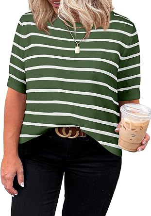 Eytino Women Plus Size Sweater Tops Short Sleeve Crewneck Striped Tshirts Casual Summer Blouses Shirts1X-5X